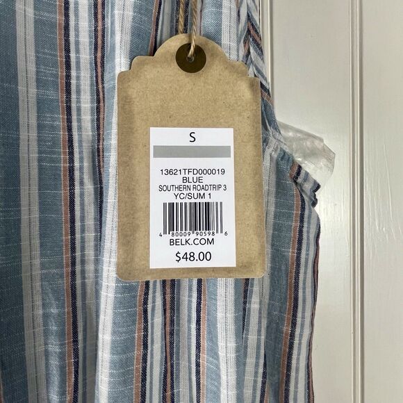 New Striped Romper Sz S Blue White Raw Edge Halter Pockets Beachy True Craft NWT - Picture 8 of 16